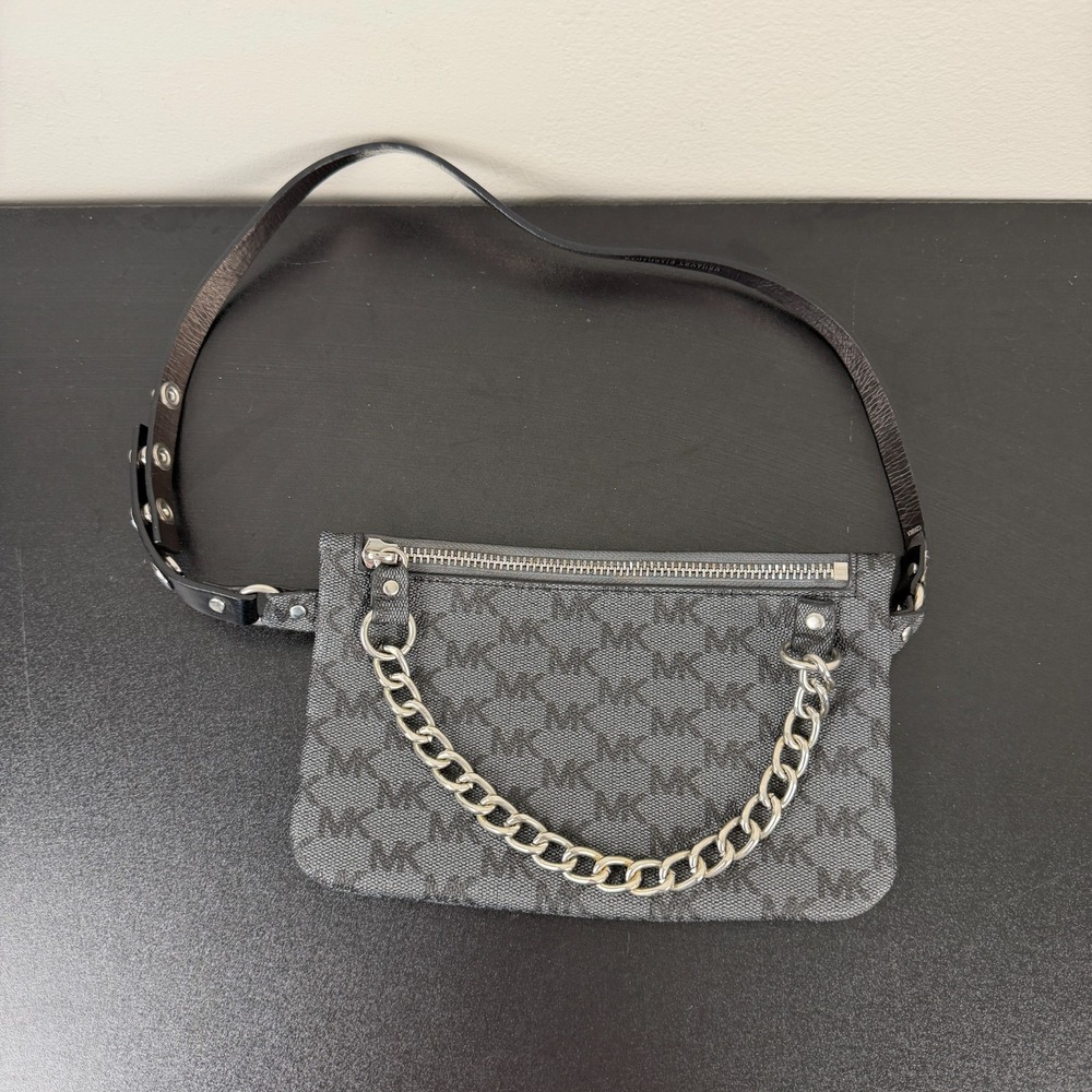 Michael Kors Fanny Pack Belt Bag Women's Gray Logo Print Canvas Front Tone Chain